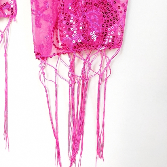 Womens Pink Mesh Sequin Metallic Party Prom Wedding Shawl Scarf With Fringe - Picture 10 of 11